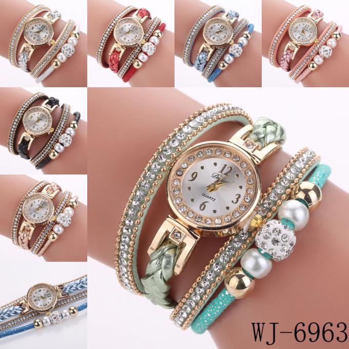 WJ-7029 Moda elmas kadınlar saatler çiçek bilezik el saatleri deri bileklik bilek saatler